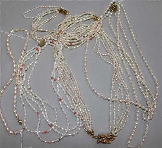 A three-row oval cultured pearl necklace, 14 yellow gold knot clasp and five other items of pearl-set jewellery,